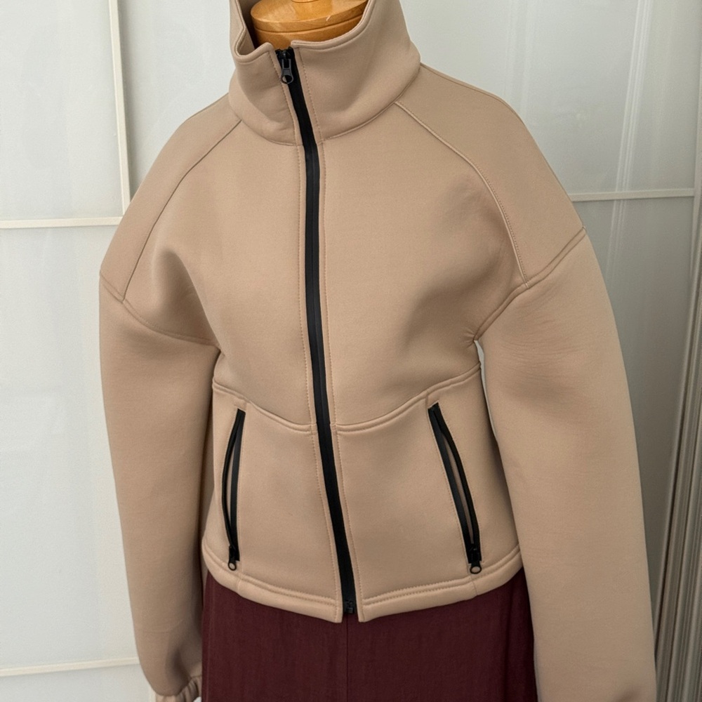 Zara Light Tan Bomber Jacket with Black Zipper S